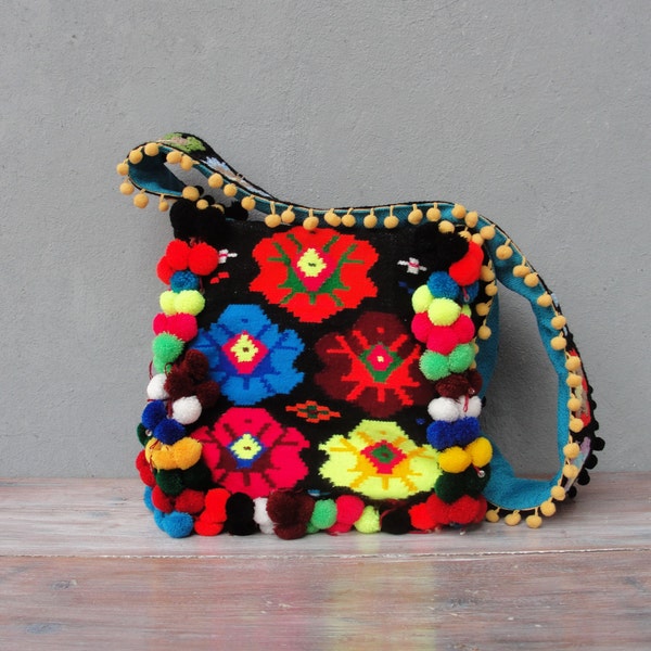 Pompom Boho Bag - Vintage Hand Woven Fabric, Doilies, Bohemian Cross-body Bag