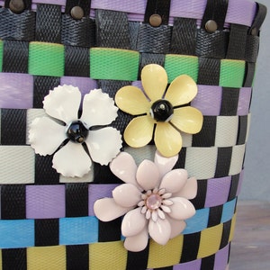 The Cutest Bag, Recycled Plastic Basket Bag, Multicolored and Black, Enamel flowers, Retro Purse image 2