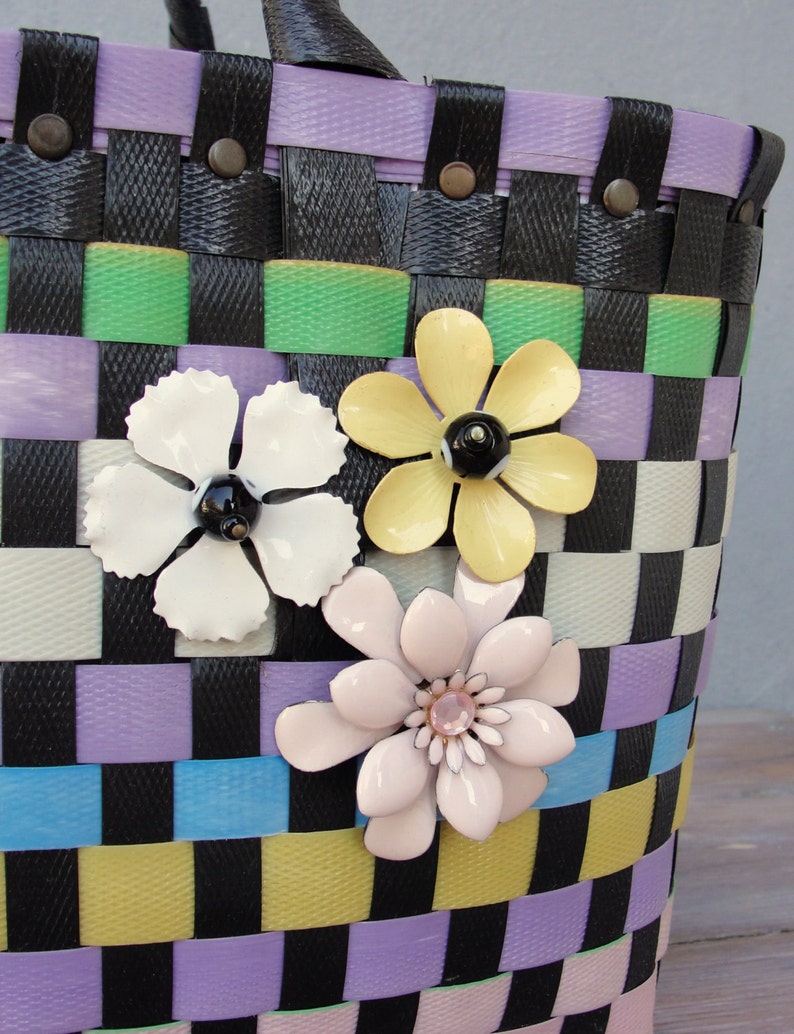 The Cutest Bag, Recycled Plastic Basket Bag, Multicolored and Black, Enamel flowers, Retro Purse image 2