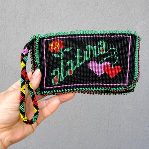 Bolsa de moedas com contas vintage, lembrança de miçangas, carteira de moedas, carteira vintage feita à mão com contas