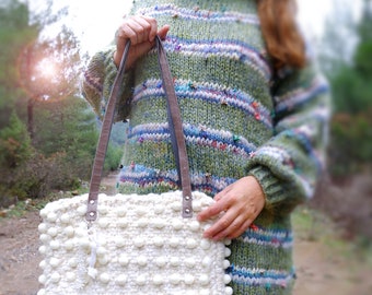 Sac en laine tricotée, sac à neige bulle, blanc cassé, sac à main avec sangles en cuir