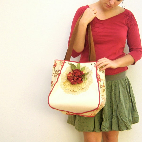 Doily and Roses- Big Shoulder Bag