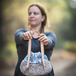 Bird's Nest Bag Antique Fabric, Leather Handles and Crochet image 3