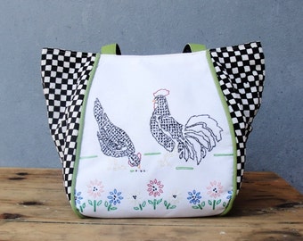 Chicken Farm Bag - Shabby Chic - Vintage Embroidery, Vintage handstamped Fabric and Leather Straps