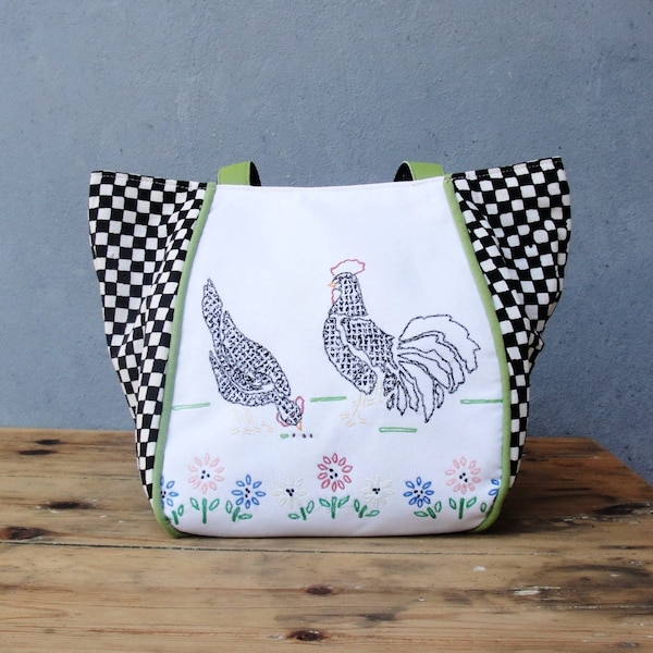 Chicken Farm Bag - Shabby Chic - Vintage Embroidery, Vintage handstamped Fabric and Leather Straps