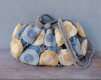 Happy Hobo Bag, Sunny Sky, Crocheted Blue Cream Yellow Bag