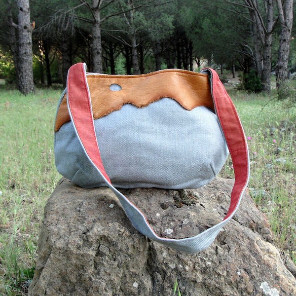 Leather and Linen Bag, Blueberry and Cinnamon, Little Shoulder Bag