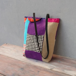 Linnen patchwork draagtas leren band, circusstijl