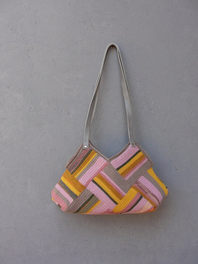 Crocheted Pastel Striped Bag with Leather Strap, Grey, Yellow Pink shades image 3