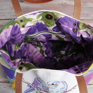 Woodland Parakeet Bird Bag Vintage Embroidery, Purple Patchwork and Leather Bag. image 4