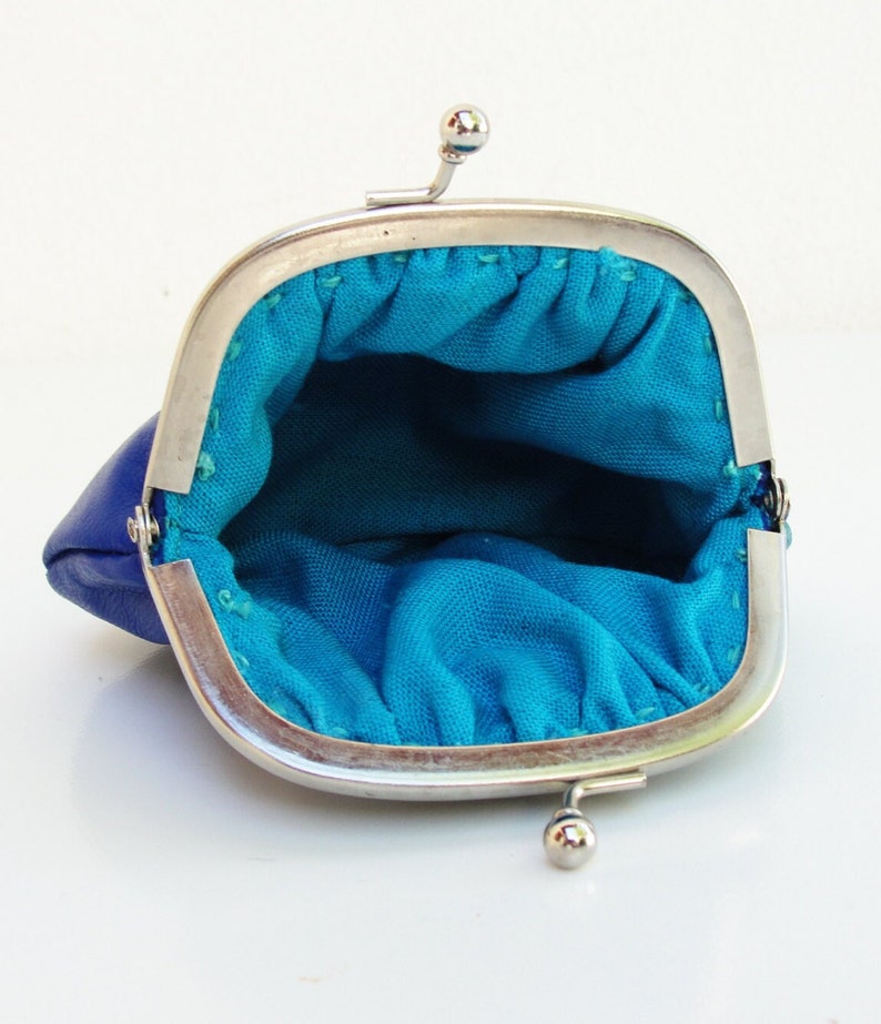 Cartera de cuero con cierre de beso Apliques de cuero azul y verde azulado imagen 5