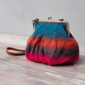 Ombré Rainbow Pouch Clutch Hand knitted with Chain and Leather Strap