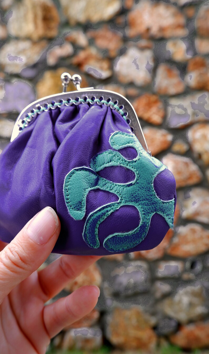 Cartera de cuero con cierre de beso Apliques de cuero azul y verde azulado imagen 2