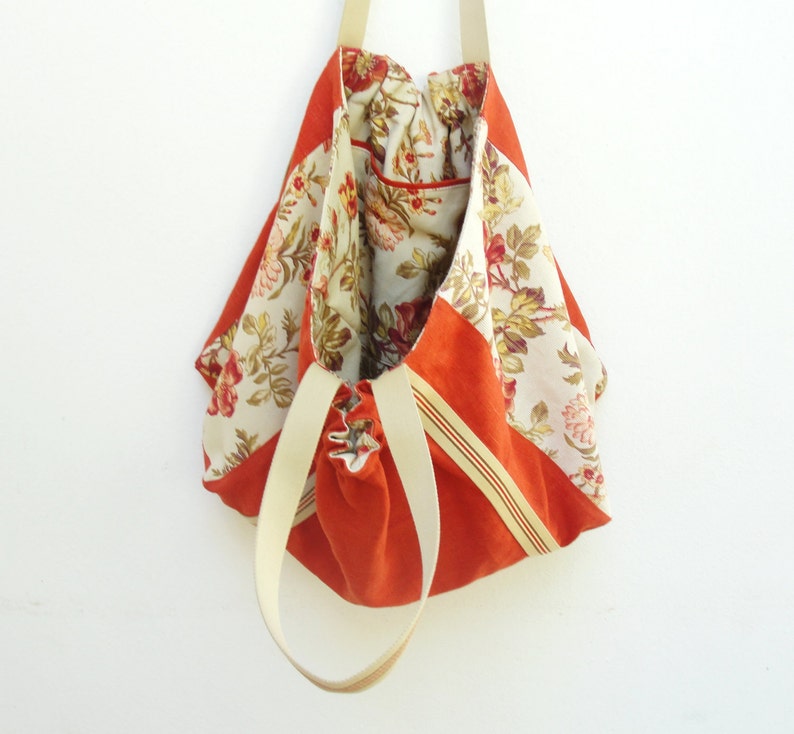 Large Linen Tote, Carryall, Burnt Terra Orange Linen, Vintage Floral Canvas image 7