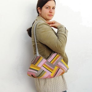 Crocheted Pastel Striped Bag with Leather Strap, Grey, Yellow Pink shades image 2