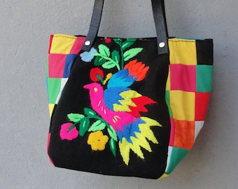 Rainbow Bird Bag - Vintage Embroidery, Patchwork and Leather Bag.