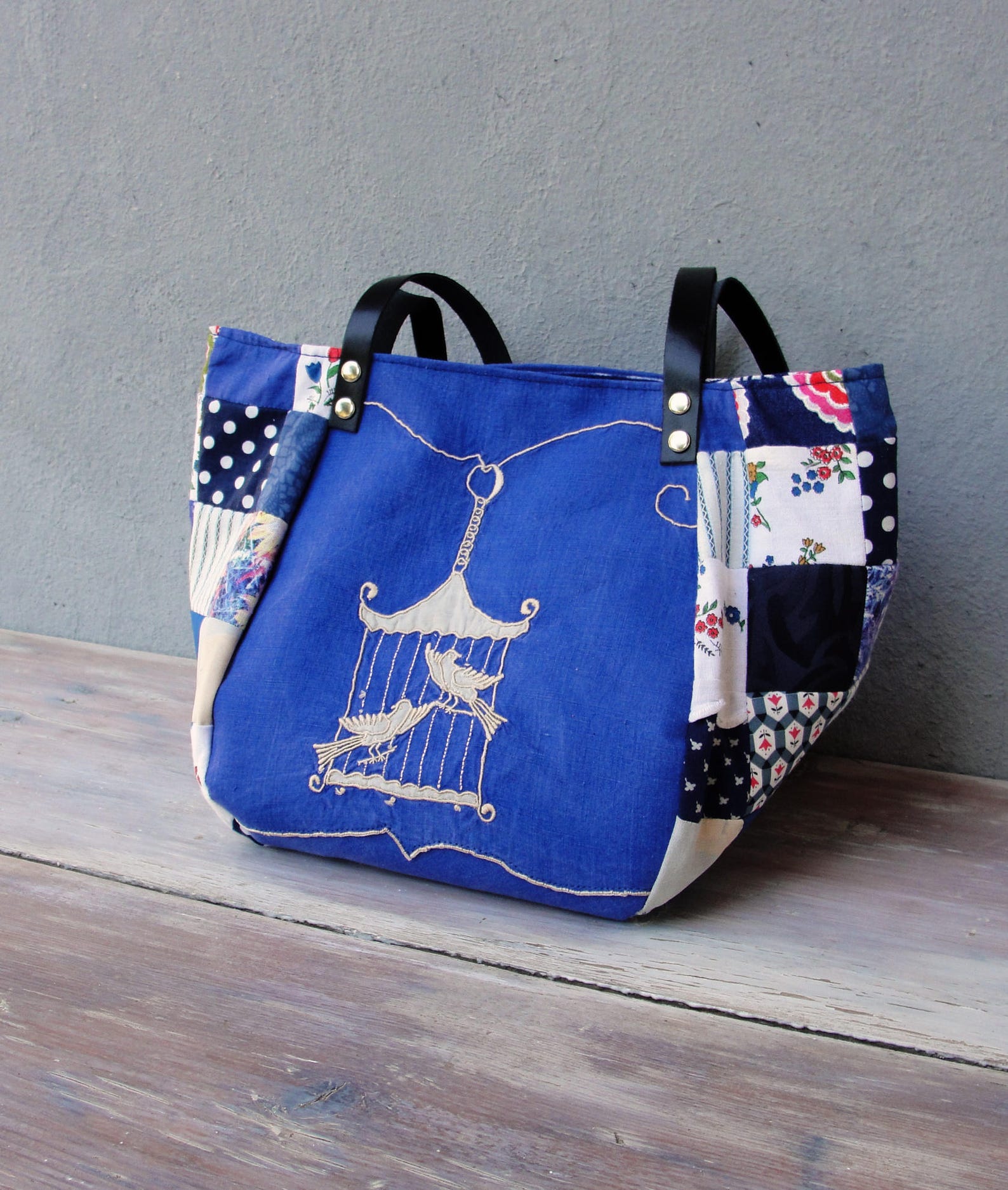 Woodland Bird Bag Vintage Embroidery, Blue Patchwork and Leather Bag