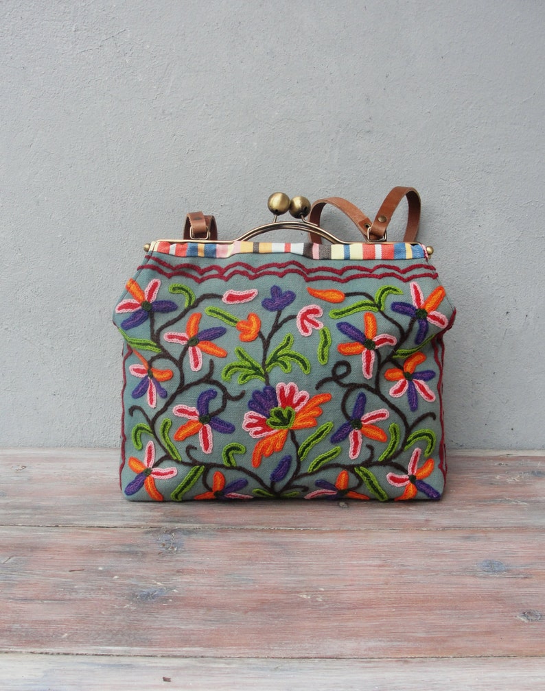 Boho Floral Bag, Vintage Embroidery, Leather, Linen, Kiss-lock, Colorful Bag image 2