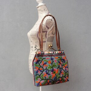 Boho Floral Bag, Vintage Embroidery, Leather, Linen, Kiss-lock, Colorful Bag image 3