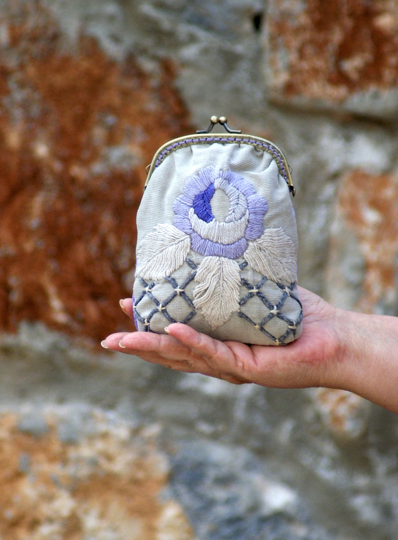 Romantic Clutch Lilac Vintage Embroidery Purse Kiss lock Pouch image 1