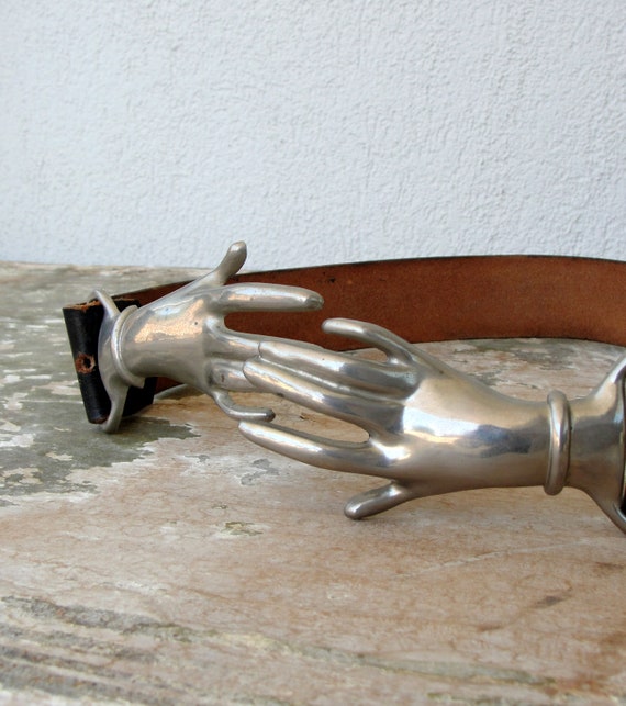 1970s Clasping Hands Belt, Victorian Revival Leath