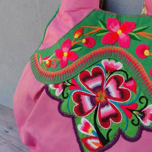 Vintage Embroidery and Leather Bag Large Pink Boho Purse image 5