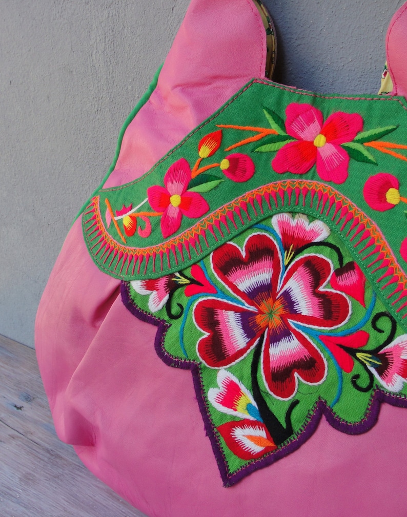 Vintage Embroidery and Leather Bag Large Pink Boho Purse image 5