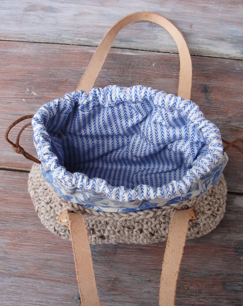 Bird's Nest Bag Antique Fabric, Leather Handles and Crochet image 7