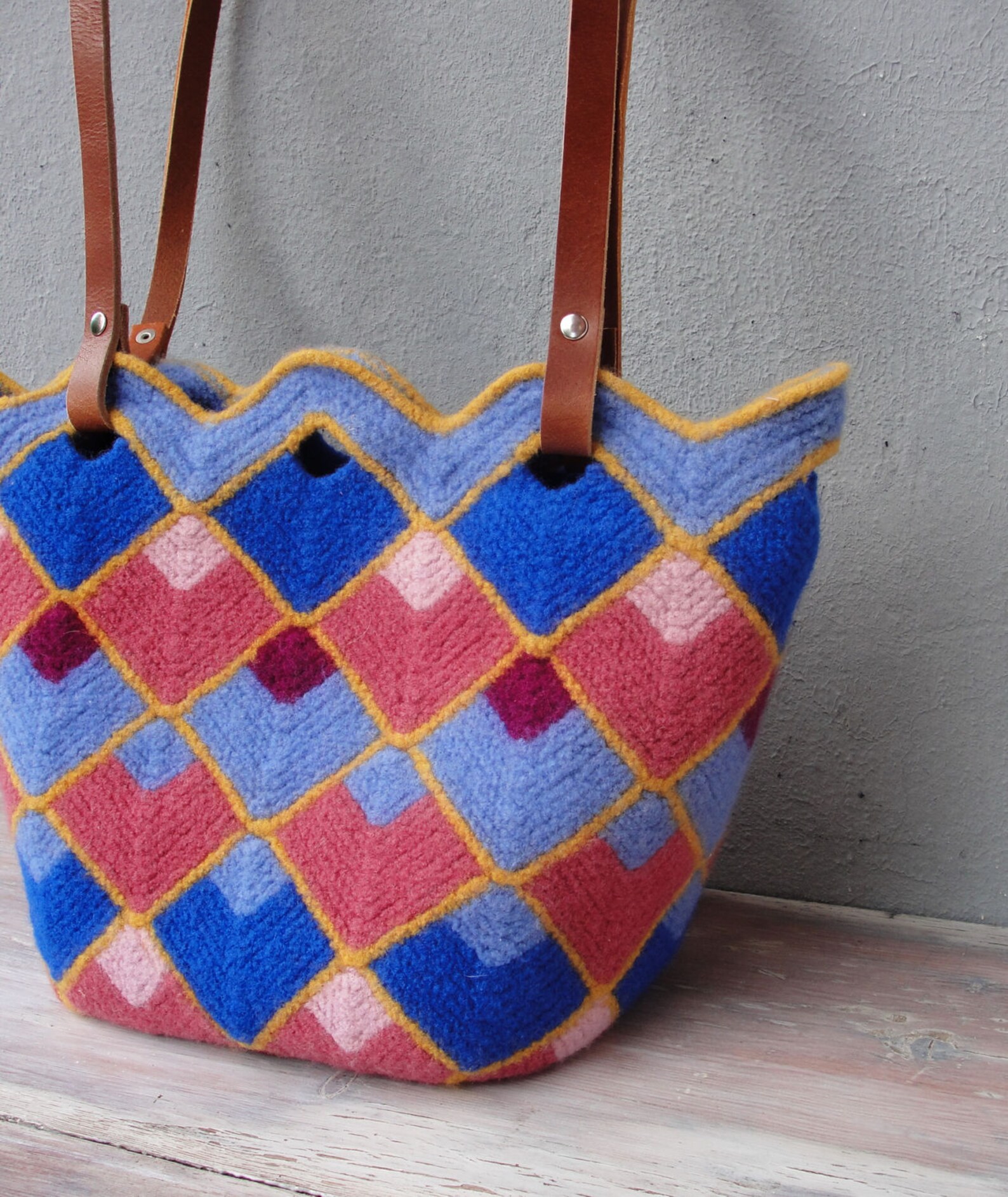 Knitted Felted Wool Bag Geometric Fun Checked Purse Etsy