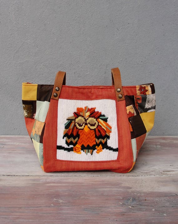 Woodland Owl Bag - Vintage Embroidery, Sunny Orange Colors 