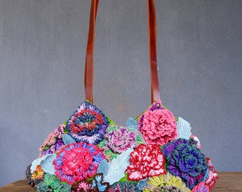 Claveles Hobo Bag Crocheted Flowers, Colorful Carnations Boho Purse with leather straps