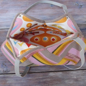 Crocheted Pastel Striped Bag with Leather Strap, Grey, Yellow Pink shades image 4