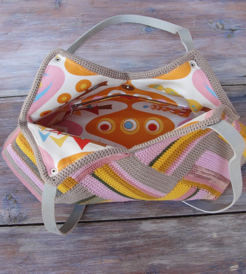 Crocheted Pastel Striped Bag with Leather Strap, Grey, Yellow Pink shades image 4