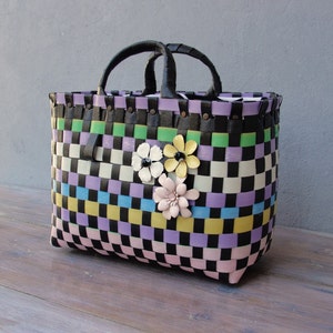 The Cutest Bag, Recycled Plastic Basket Bag, Multicolored and Black, Enamel flowers, Retro Purse image 4