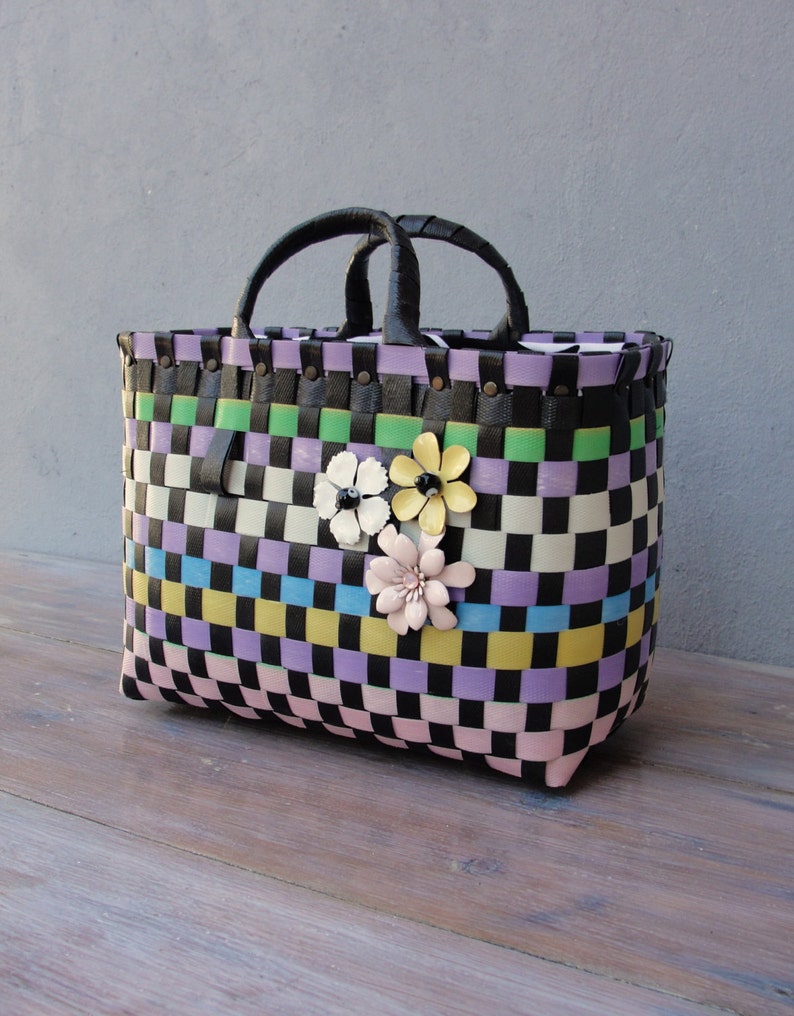 The Cutest Bag, Recycled Plastic Basket Bag, Multicolored and Black, Enamel flowers, Retro Purse image 4