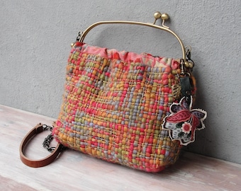 Woven Rainbow Bag, Hand Woven Bag, Flower Keychain, Mulitcolored Bag, Leather Strap, Kiss-lock