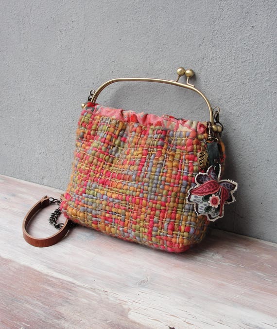 Hand Woven Rainbow Bag: Kiss-Lock Closure, Leather Strap & Flower Keychain