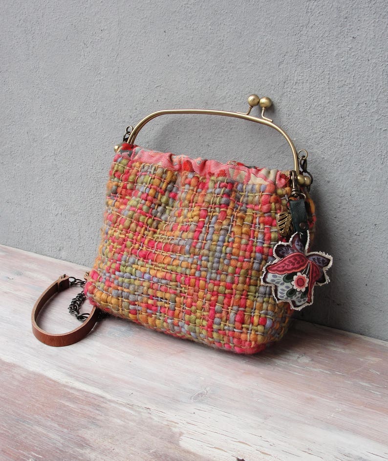 Woven Rainbow Bag, Hand Woven Bag, Flower Keychain, Mulitcolored Bag, Leather Strap, Kiss-lock image 1