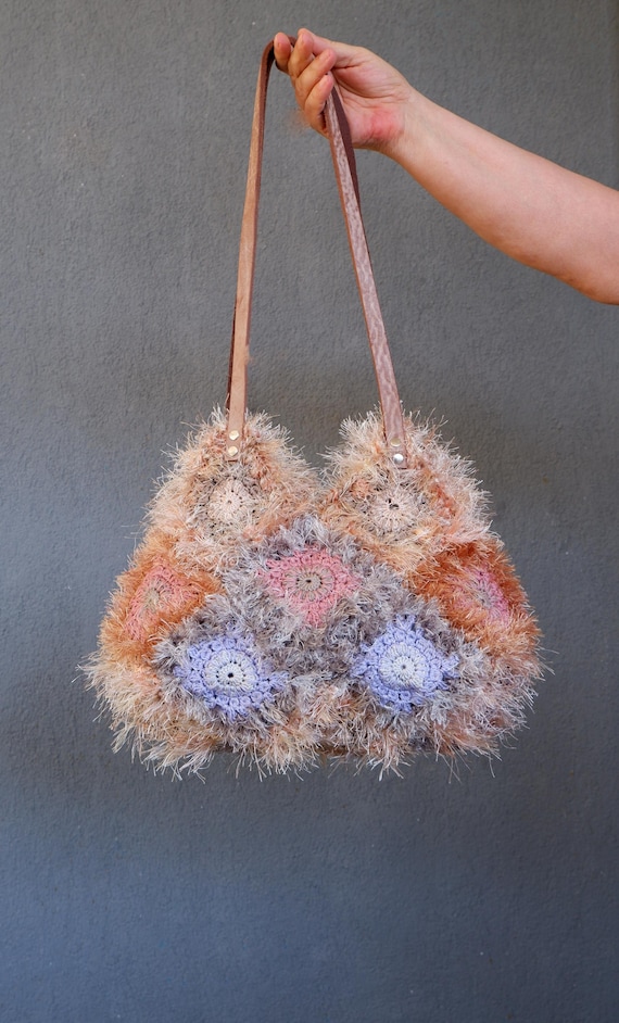 Fluffy Pastel Bag With Leather Strap, Crochet Grey, Yellow, Blue