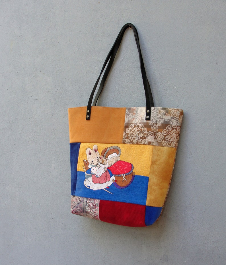 Embroidered Patchwork Tote Mama Mouse With 3 Baby Mice - Etsy