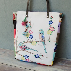 Embroidered Bird Tote Leather Buddy Birds Tote Colorful Bohemian Bag with Love Birds image 8