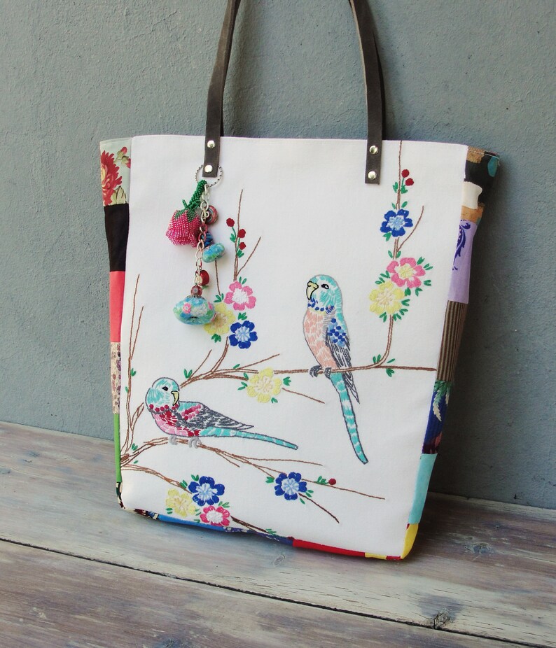 Embroidered Bird Tote Leather Buddy Birds Tote Colorful Bohemian Bag with Love Birds image 8