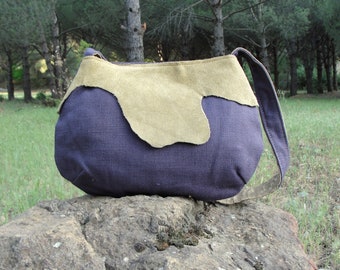 Leather and Linen Bag, Eggplant and Mustard, Natural Materials