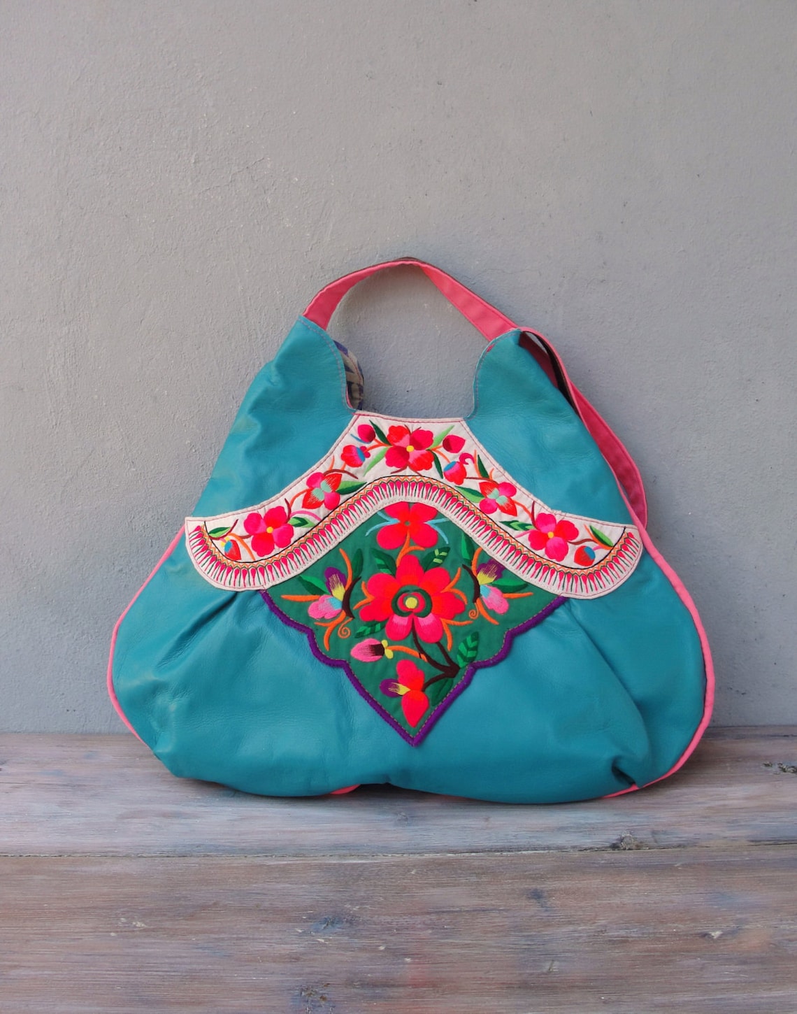 Vintage Embroidery and Leather Bag Large Teal Boho Purse Etsy