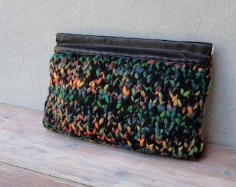 Black Knitted Leather Clutch with colored details Big Statement Clutch