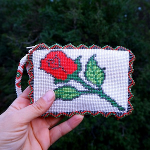 Bolsa de moedas com miçangas vintage, miçangas florais, carteira porta-moedas carteira vintage feita à mão com contas