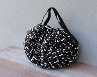 Texture and Stripes Bag - Crocheted Chenille Puffy Happy Bag Black and White