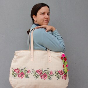 Romantic Overnight Bag, Weekender, Carry-all, Embroidery, Felt and Leather image 4