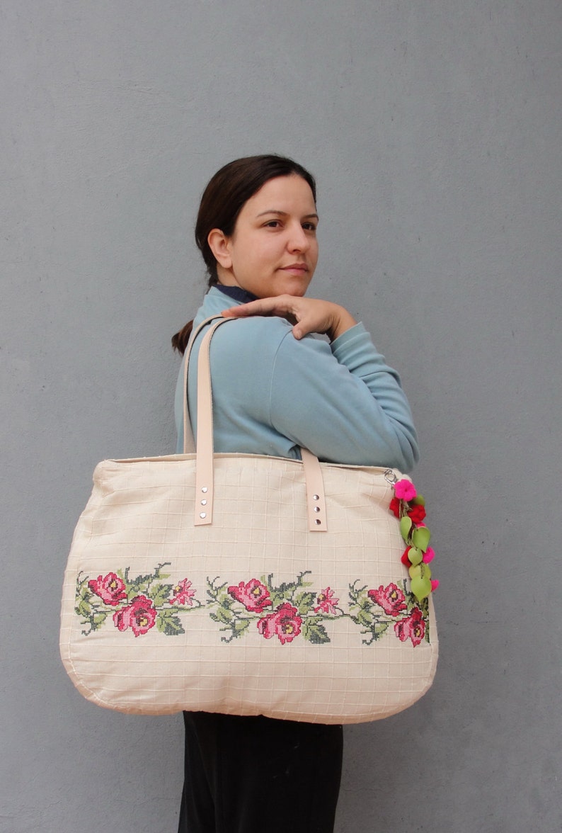 Romantic Overnight Bag, Weekender, Carry-all, Embroidery, Felt and Leather image 4