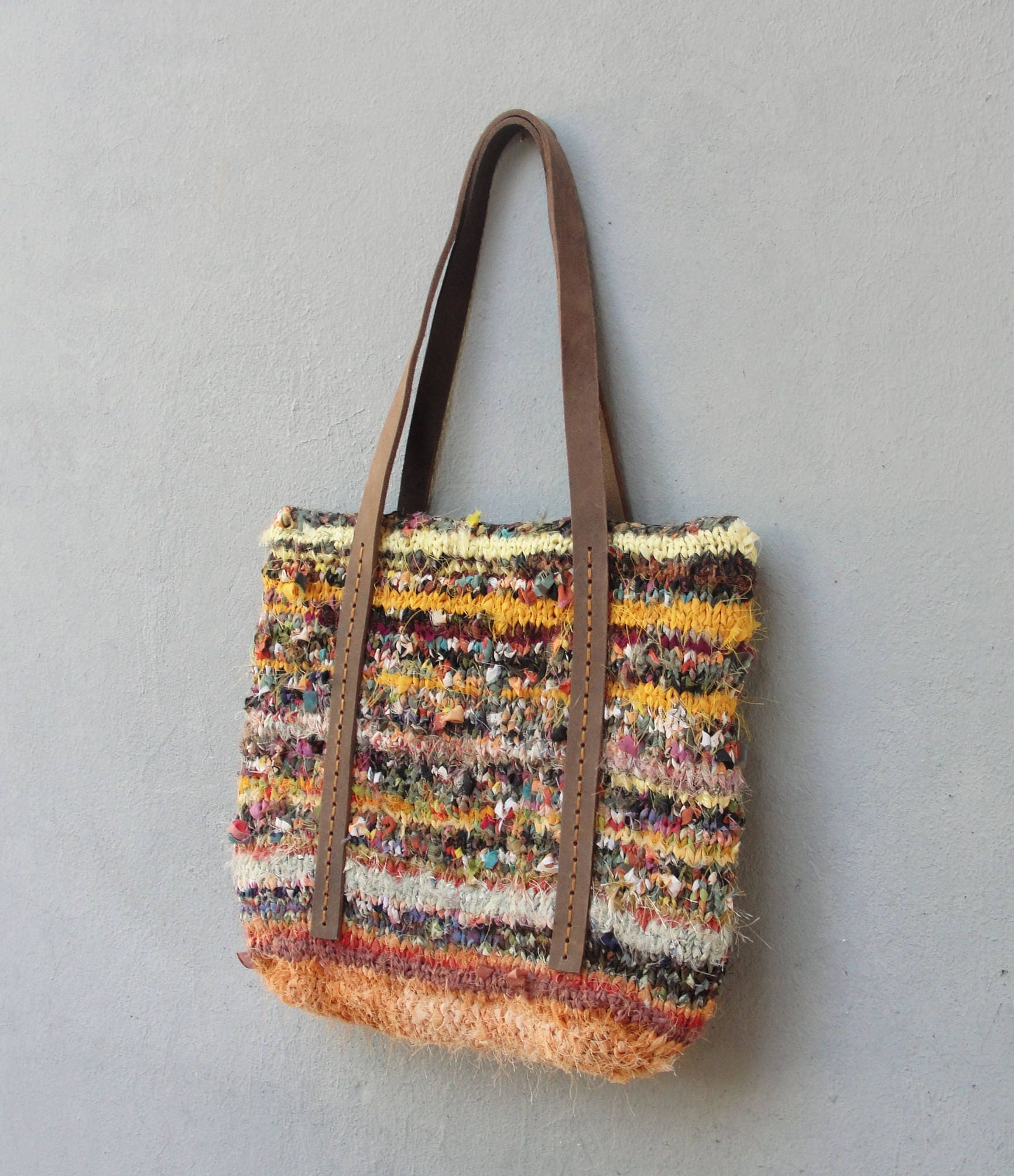 Bohemian Knitted Bag, Knitted Zero Waste Fabric Tote Bag Made With ...